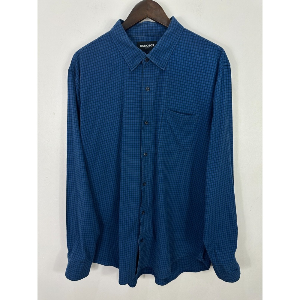Bonobos Slim Fit Button Down Shirt Men XXL Blue Plaid Long Sleeve Stretch Preppy